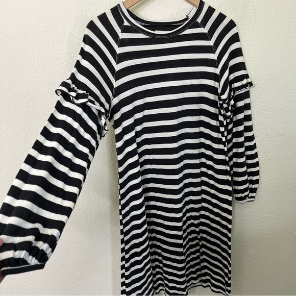 THE GREAT Stripe Ruffle Balloon Sleeve Mini Dress Black White Size 0 US / XS - Picture 3 of 7